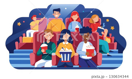 The blurred background of other moviegoers adds to the bustling energy of the cinema. 130634344