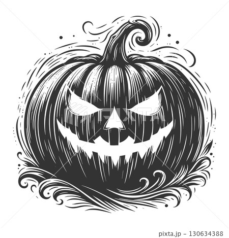 spooky Halloween pumpkin engraving sketch vector spooky Halloween pumpkin engraving sketch vector 130634388