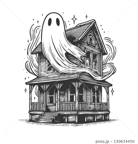 haunted house with ghost vector illustration 130634450