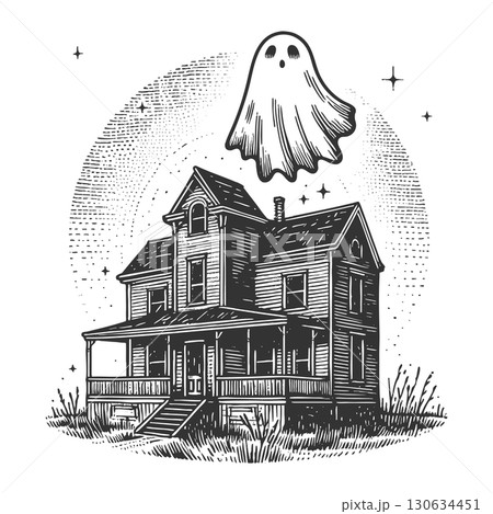 Haunted farmhouse flying ghost raster illustration 130634451