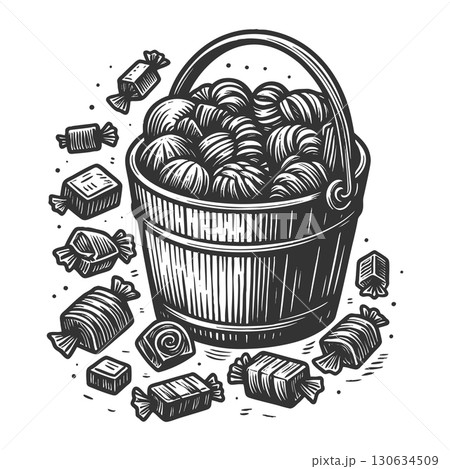 bucket filled with candies engraving sketch vector 130634509