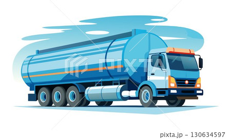 A large gasoline tanker truck barrels past the camera, a blur of motion and metallic gleam. 130634597