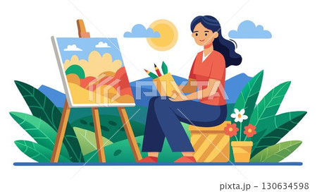 A young woman artist, in close-up, sits absorbed in painting a vibrant landscape on her easel. A young woman artist, in close-up, sits absorbed in painting a vibrant landscape on her easel. 130634598
