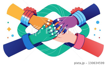 Their intertwined hands suggest a bond of trust and shared exhilaration. 130634599