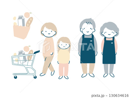 買い物をする親子と、お店のシニアスタッフ 130634616