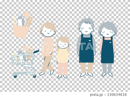 買い物をする親子と、お店のシニアスタッフ 130634616
