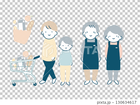 買い物をする親子と、お店のシニアスタッフ 130634617