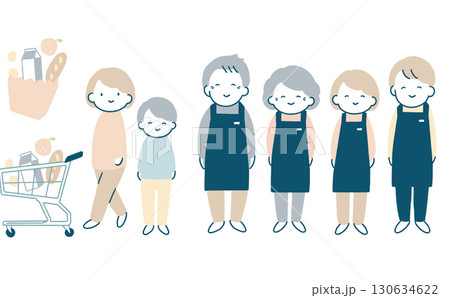 買い物をする親子と笑顔の店の従業員たち 130634622