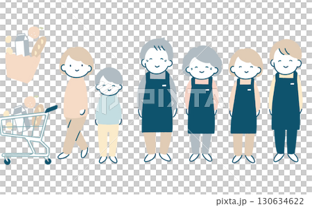 父母和孩子購物,商店員工微笑 父母和孩子購物,商店員工微笑 130634622