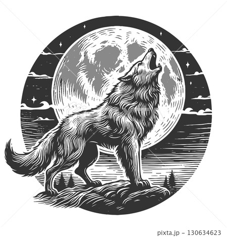howling wolf under full moon raster illustration howling wolf under full moon raster illustration 130634623