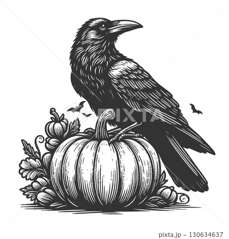 Raven Sitting on Pumpkin Halloween raster 130634637