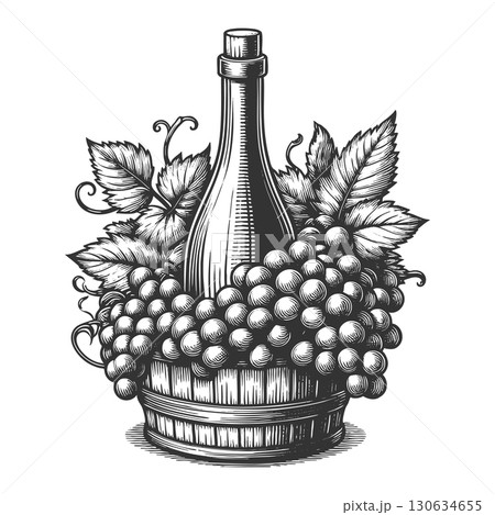 wine bottle with grapes and basket vector wine bottle with grapes and basket vector 130634655