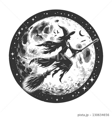 witch flying on broom across moon vector 130634656
