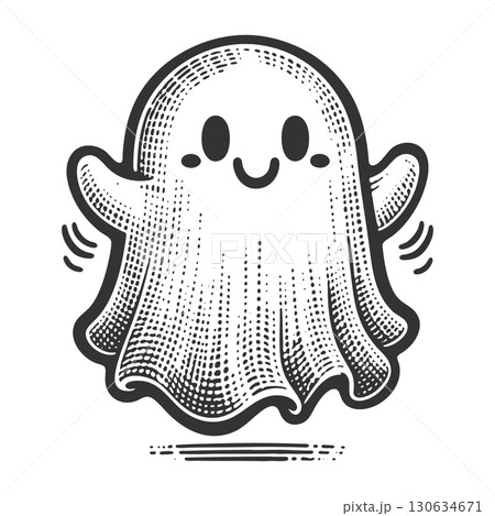 Cute happy ghost character engraving sketch raster Cute happy ghost character engraving sketch raster 130634671