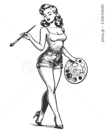 Pin-Up Woman Painter vector illustration Pin-Up Woman Painter vector illustration 130634680