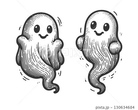 Cute happy ghost character engraving sketch vector Cute happy ghost character engraving sketch vector 130634684