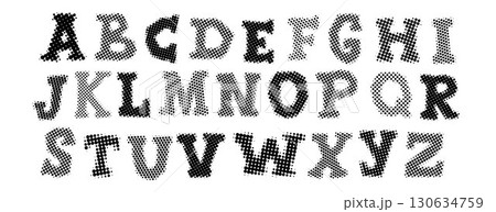 Black halftone alphabet. Retro pixelated uppercase font. Grunge textured dotted abc. Comic pop art style letters. Aged rasterized bitmap English alphabet. Old newspapers typography set. Vector 130634759