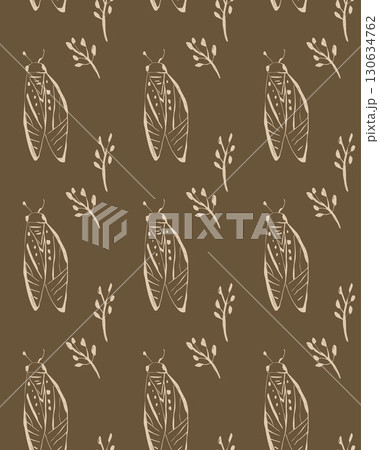 Seamless vector pattern with beige moths and branches on green and brown background for design projects Seamless vector pattern with beige moths and branches on green and brown background for design projects 130634762