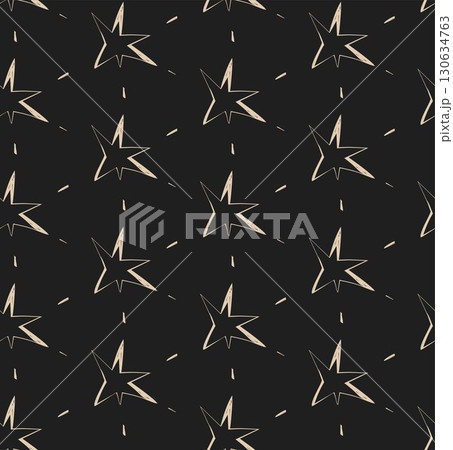 Seamless vector pattern with beige stars and lines on black background for creative design projects 130634763