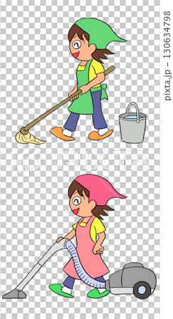 清潔女工拖把吸塵器插畫 130634798