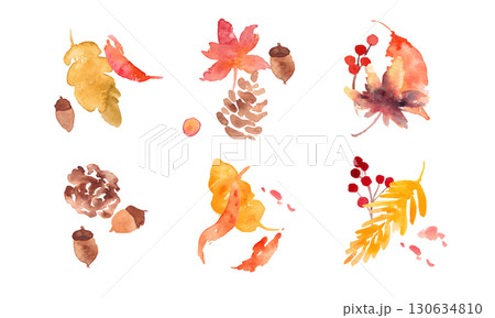 水彩画。水彩タッチの秋のベクターフレーム。秋の落ち葉と植物のセット。秋の植物とどんぐりのイラスト。 130634810