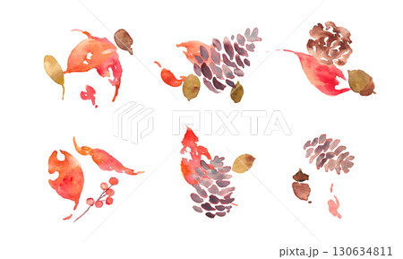 水彩画。水彩タッチの秋のベクターフレーム。秋の落ち葉と植物のセット。秋の植物とどんぐりのイラスト。 130634811