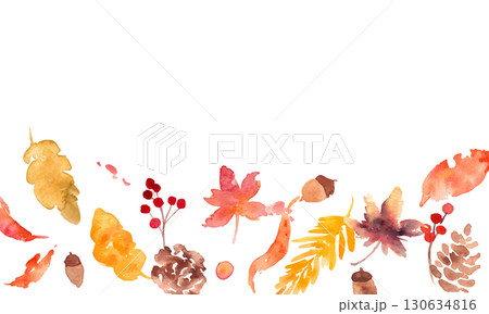 水彩画。水彩タッチの秋のベクターフレーム。秋の落ち葉と植物のセット。秋の植物とどんぐりのイラスト。 130634816