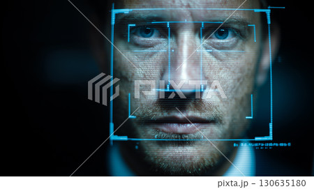 Facial recognition system scans a man face analyzing biometric data for identification. Facial recognition system scans a man face analyzing biometric data for identification. 130635180
