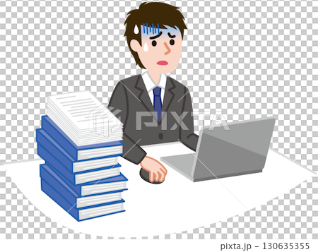 Male business person panicking over piles of documents 130635355