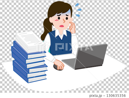 書類の山に焦るビジネスパーソン　女性 130635356