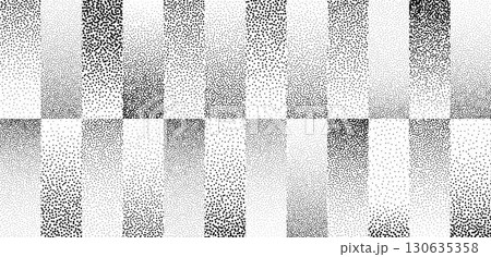 Stippled gradient stripes background. Fading sandy geometric gradation lines wallpaper. Gritty dotted rectangle wallpaper for overlay, print, cover. Vector repeated polka dot strip pattern backdrop 130635358