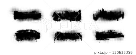 Halftone grunge comic banner set. Rough dotted grainy dirty stripe collection. Vector pop art paint stain shape pack. Gritty distressed elements for text box, poster, badge, collage, border, frame 130635359