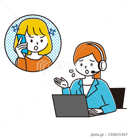 相談を受けるコールセンターの女性のイラスト　クレーム　困る　怒る 130635367