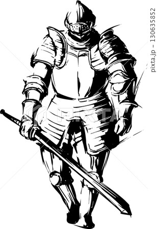 甲冑を装着した騎士の墨絵イラスト 130635852