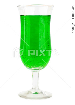 Top View of Green Drink in Wine Champagne and Water Glasses on White Background 130635856