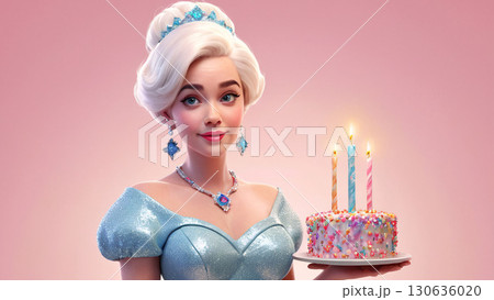 A princess is happily holding a decorated birthday cake with candles A princess is happily holding a decorated birthday cake with candles 130636020