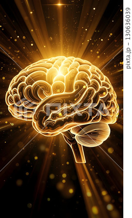 A beautifully designed golden brain with a bright light emanating from it 130636039