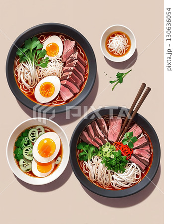 Vietnamese Pho Art: Hand-Painted Watercolor Bowls of Beef Noodle Soup with Egg, Fresh Herbs & Rice Noodles. Culinary Delight on Soft Beige Background, Overhead View for Food Lovers. 130636054