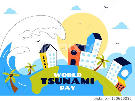 World Tsunami Awareness Day Vector Illustration on November 5, featuring Waves Crashing into Houses, Trees, and Buildings in a Flat Style Background 130636056