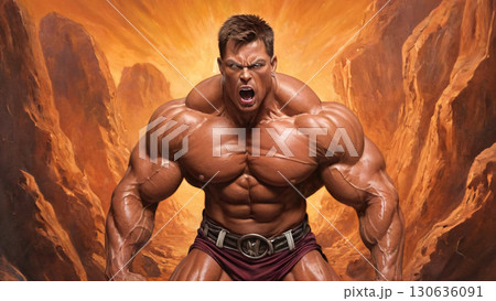 A strong man confidently stands in front of a towering mountain 130636091
