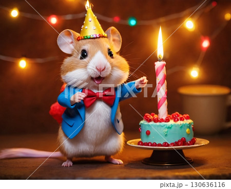 A hamster in a party hat stands by a birthday cake with a candle A hamster in a party hat stands by a birthday cake with a candle 130636116