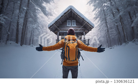 A man with an orange backpack stands before a snowcovered cabin 130636121