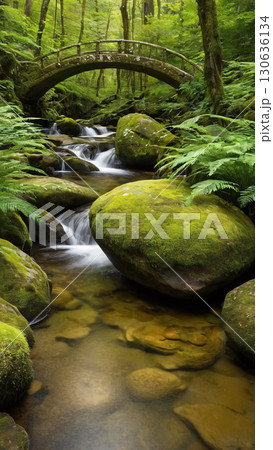 There is a quaint little bridge spanning over a stream in the woods 130636134