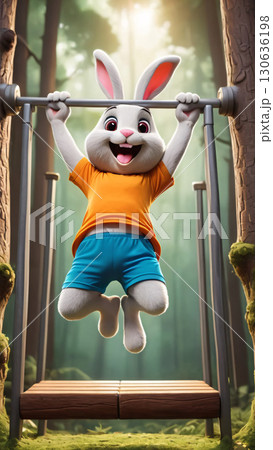 An Energetic Rabbit Engaging in Various Exercises in a Lush Green Forest Environment 130636198