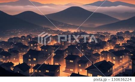 Experience the Serene Twilight Over a Beautiful and Picturesque Mountainside Town 130636224