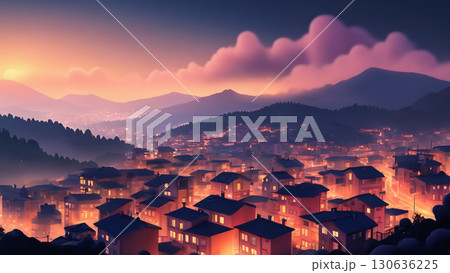 A Serene Twilight Envelopes a Charming Town That is Beautifully Surrounded by Majestic Mountains 130636225
