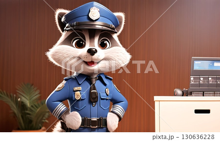 A raccoon in police uniform stands in an office, hands on hips 130636228