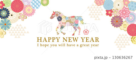 2026年午年　和風花柄の馬の新年のバナー素材 130636267