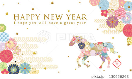 2026年午年　和風花柄の馬のの年賀背景（16:9サイズ） 130636268