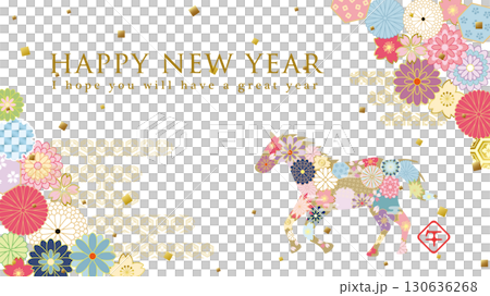 2026年午年　和風花柄の馬のの年賀背景（16:9サイズ） 130636268